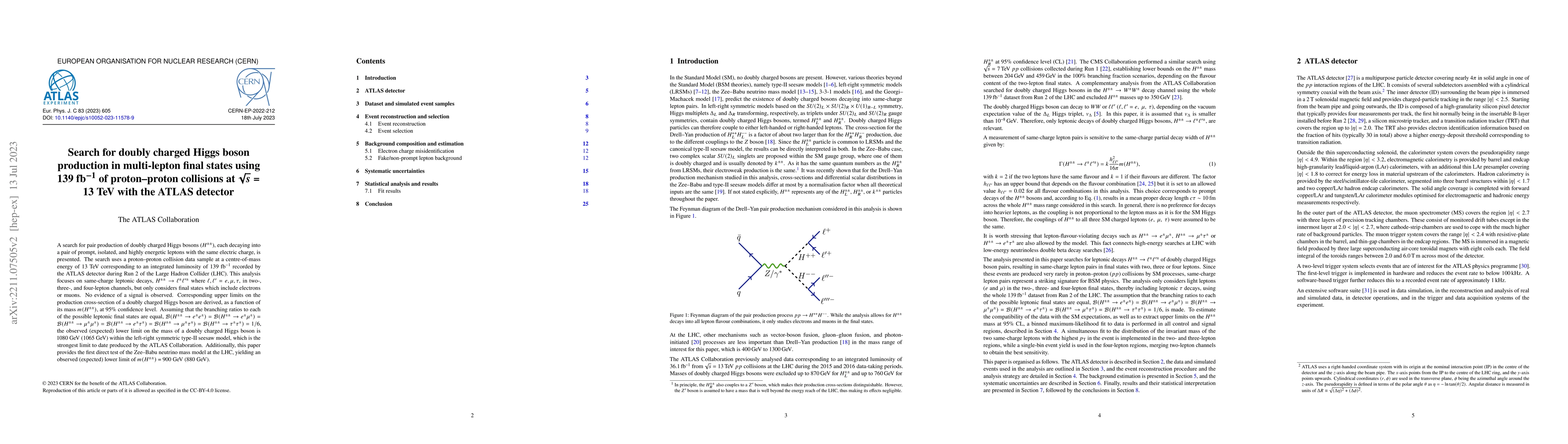 Thumbnail for Search for doubly charged Higgs boson production in multi-lepton final
  states using 139 fb$^{-1}$ of proton-proton collisions at $\sqrt{s}$ = 13 TeV
  with the ATLAS detector