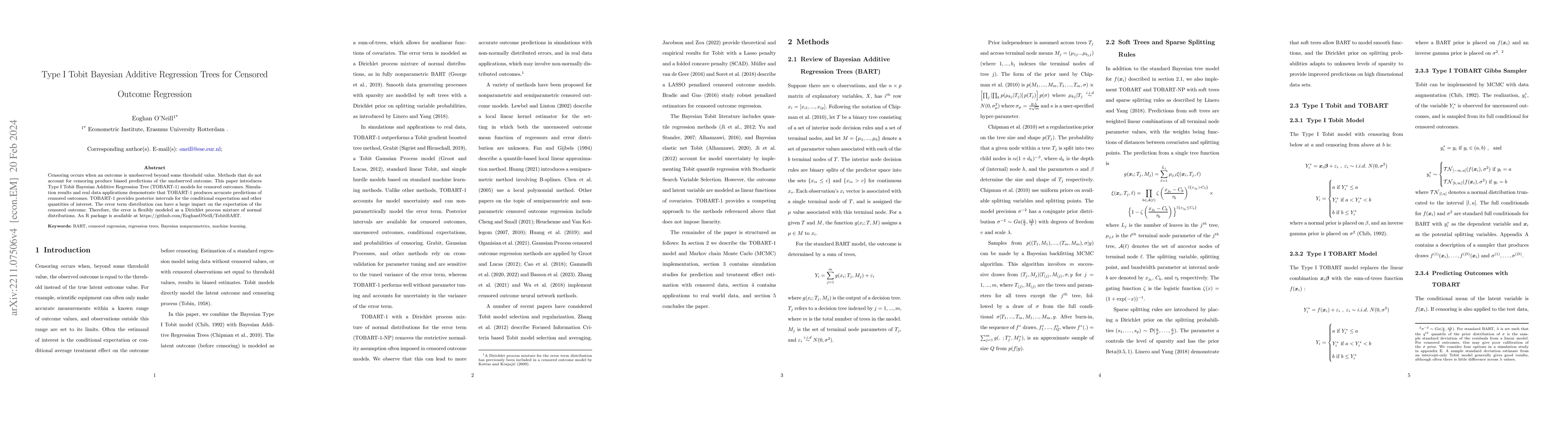 Thumbnail for Type I Tobit Bayesian Additive Regression Trees for Censored Outcome
  Regression