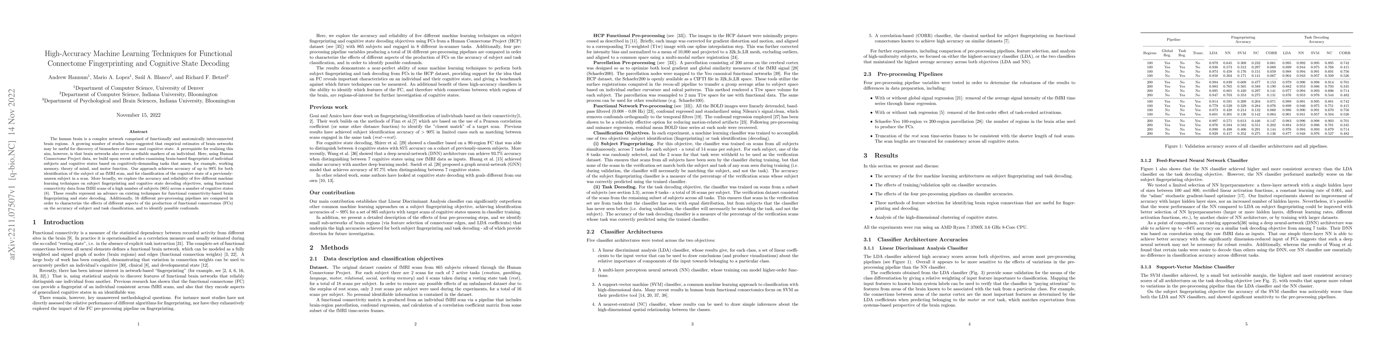Thumbnail for High-Accuracy Machine Learning Techniques for Functional Connectome
  Fingerprinting and Cognitive State Decoding