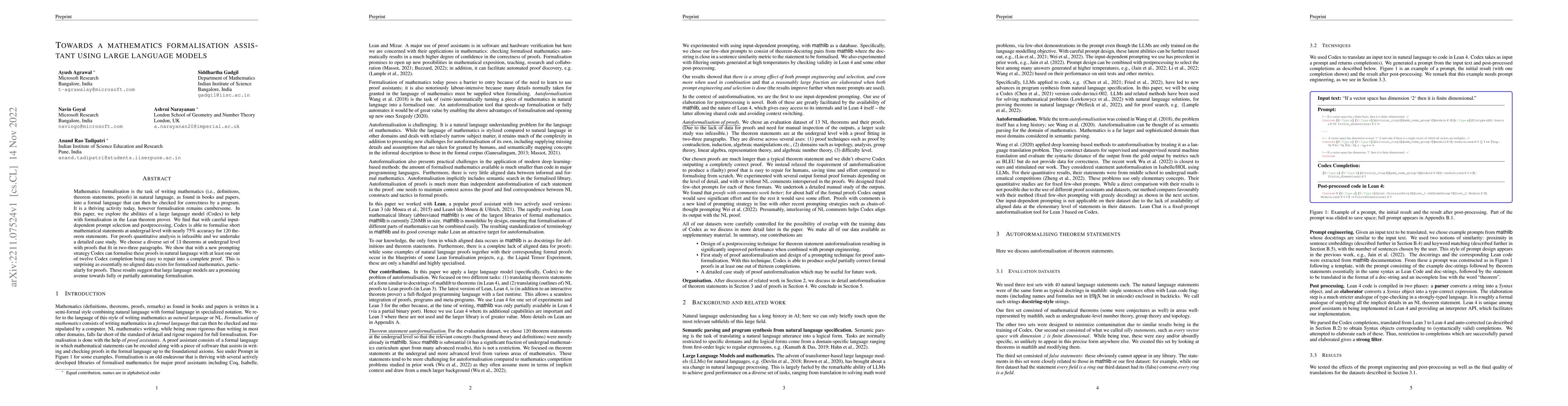 Thumbnail for Towards a Mathematics Formalisation Assistant using Large Language
  Models