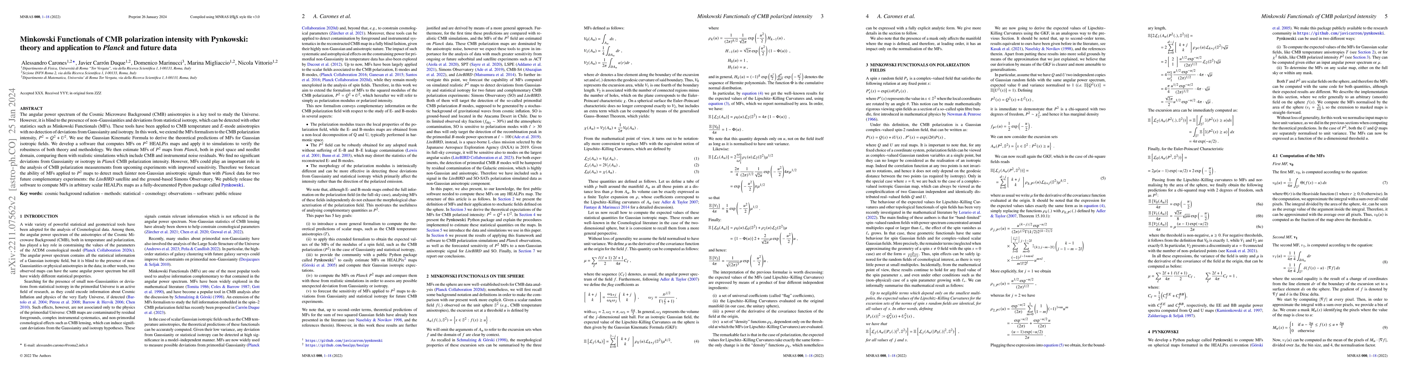 Thumbnail for Minkowski Functionals of CMB polarisation intensity with Pynkowski:
  theory and application to Planck and future data