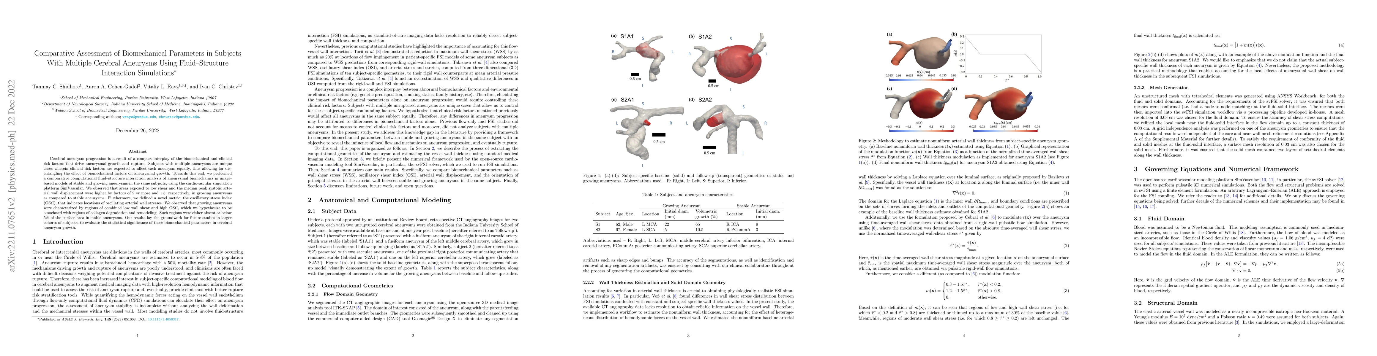 Thumbnail for Comparative Assessment of Biomechanical Parameters in Subjects With
  Multiple Cerebral Aneurysms Using Fluid--Structure Interaction Simulations