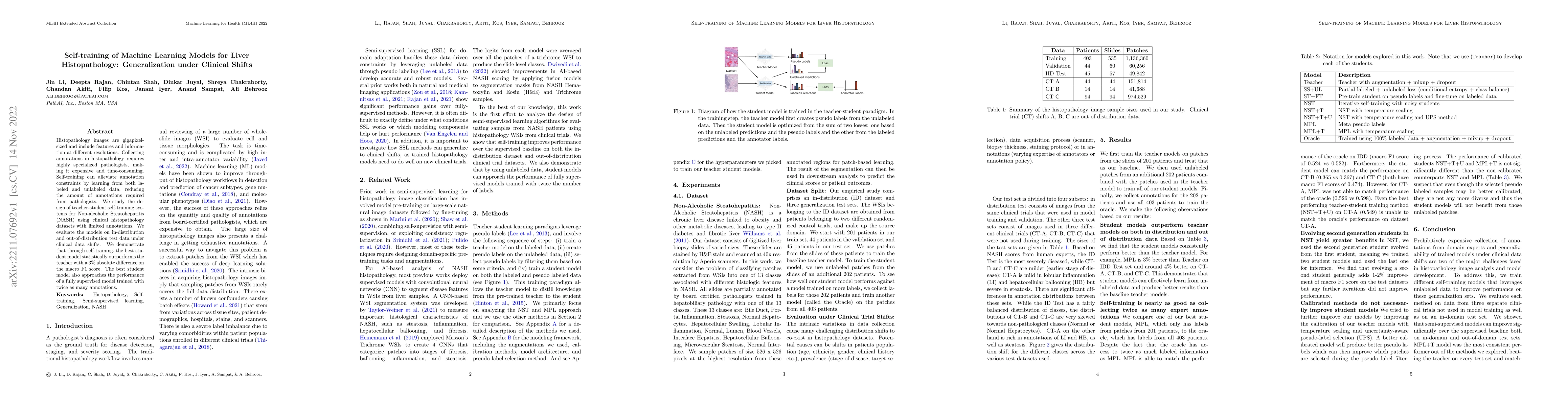 Thumbnail for Self-training of Machine Learning Models for Liver Histopathology:
  Generalization under Clinical Shifts