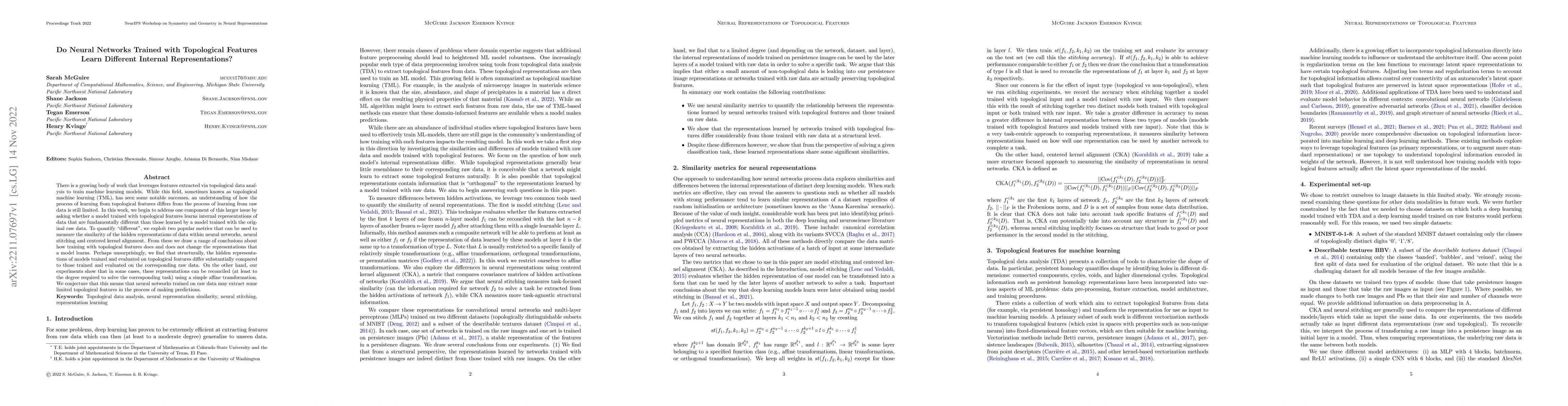 Thumbnail for Do Neural Networks Trained with Topological Features Learn Different
  Internal Representations?