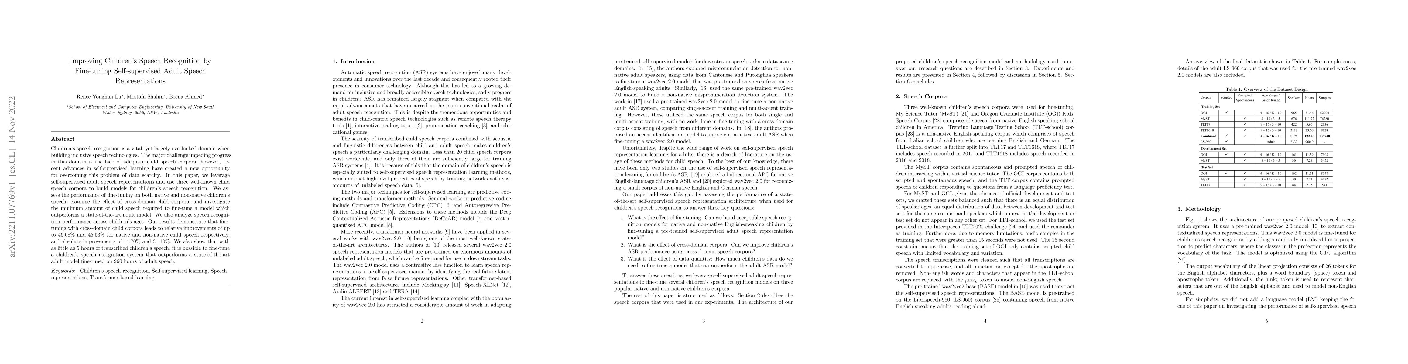 Thumbnail for Improving Children's Speech Recognition by Fine-tuning Self-supervised
  Adult Speech Representations