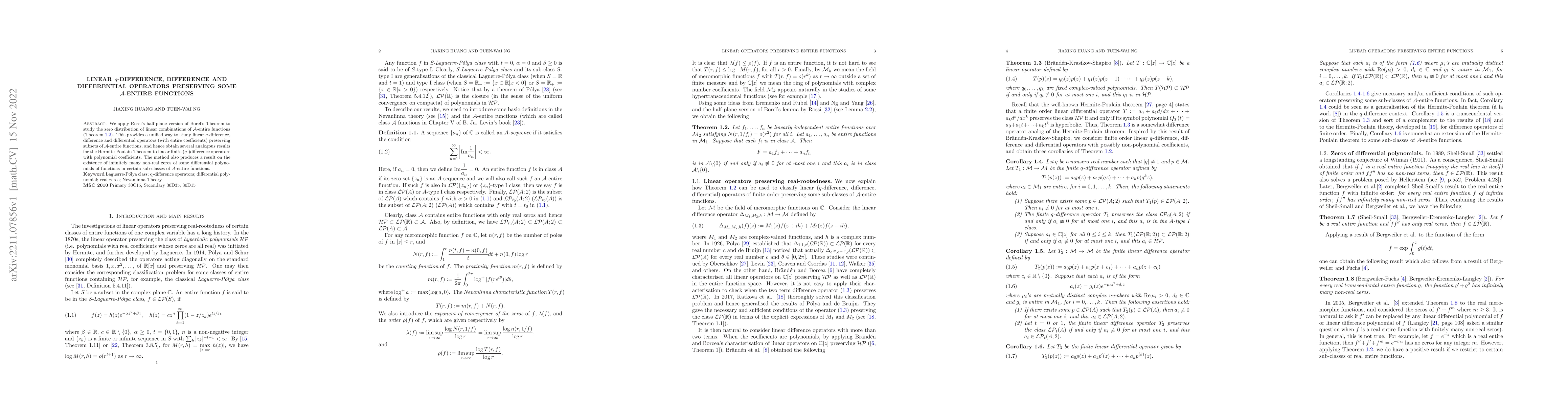 Thumbnail for Linear $q$-difference, difference and differential operators preserving
  some $\mathcal{A}$-entire functions