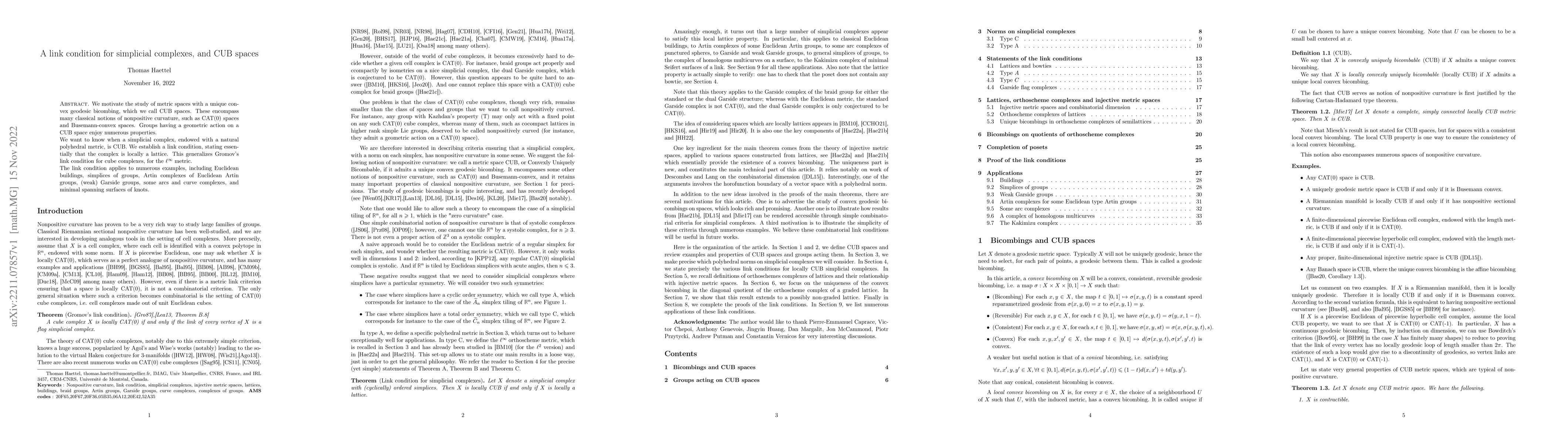 Thumbnail for A link condition for simplicial complexes, and CUB spaces