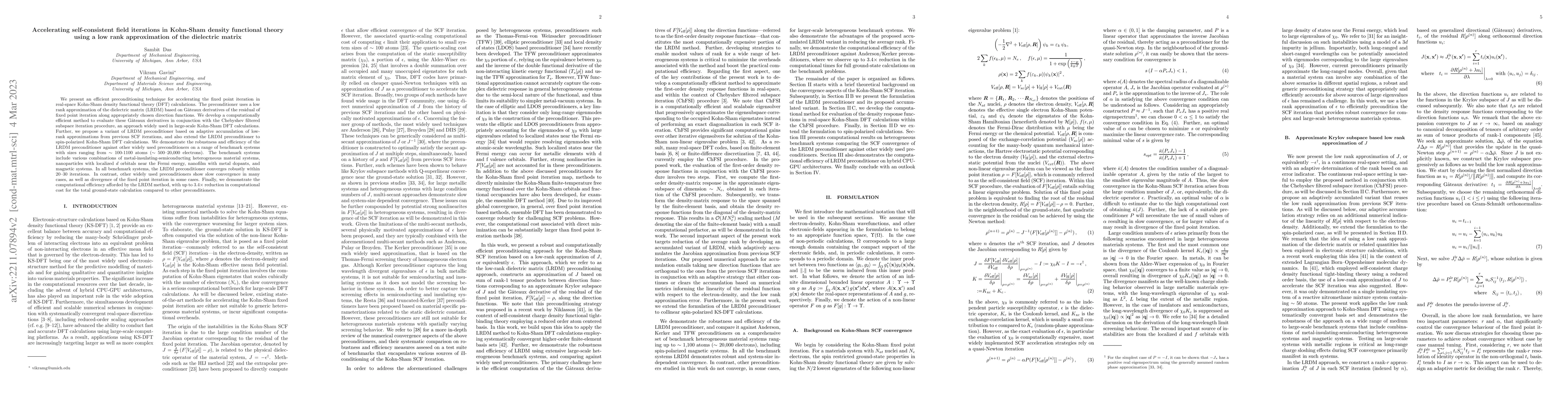 Thumbnail for Accelerating self-consistent field iterations in Kohn-Sham density
  functional theory using a low rank approximation of the dielectric matrix