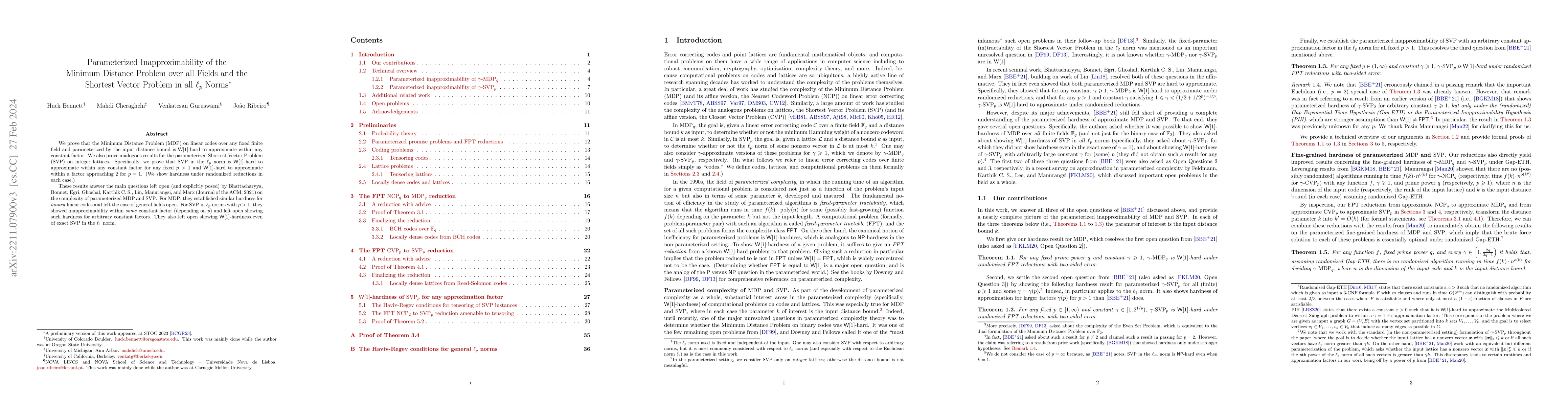 Thumbnail for Parameterized Inapproximability of the Minimum Distance Problem over all
  Fields and the Shortest Vector Problem in all $\ell_p$ Norms
