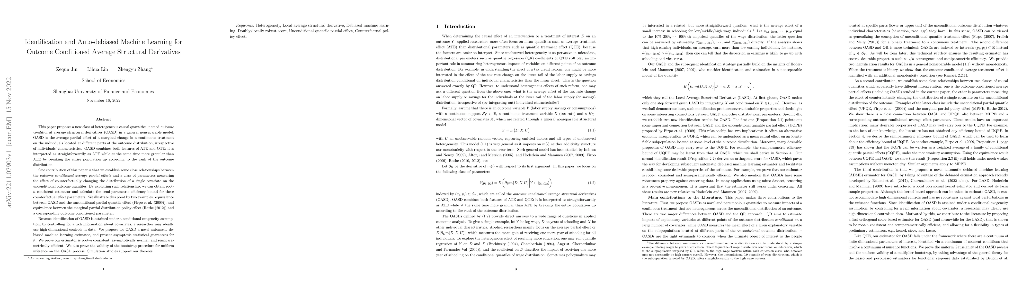 Thumbnail for Identification and Auto-debiased Machine Learning for Outcome
  Conditioned Average Structural Derivatives