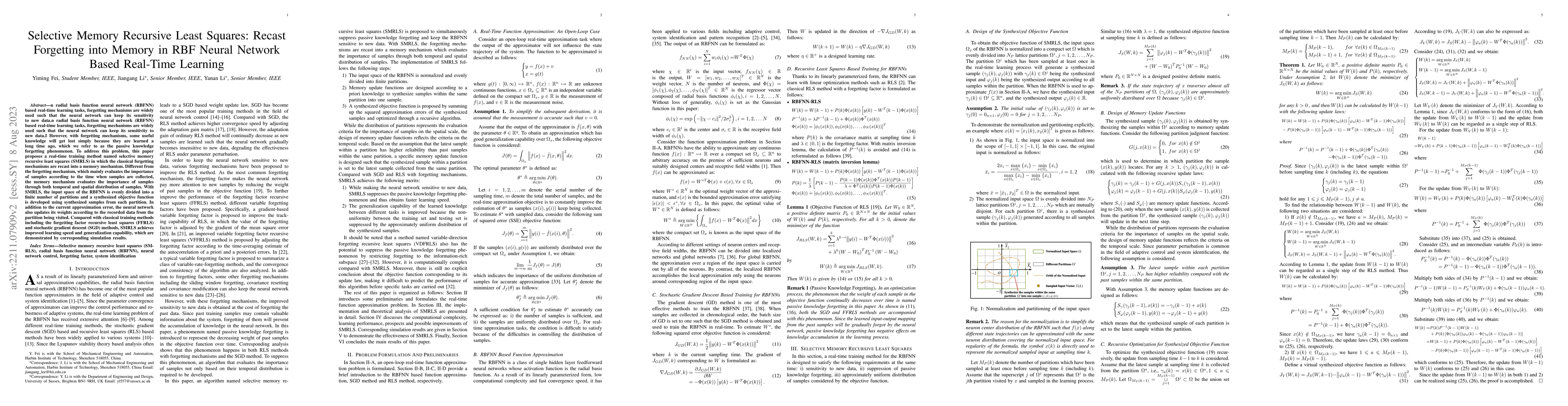 Thumbnail for Selective Memory Recursive Least Squares: Recast Forgetting into Memory
  in RBF Neural Network Based Real-Time Learning