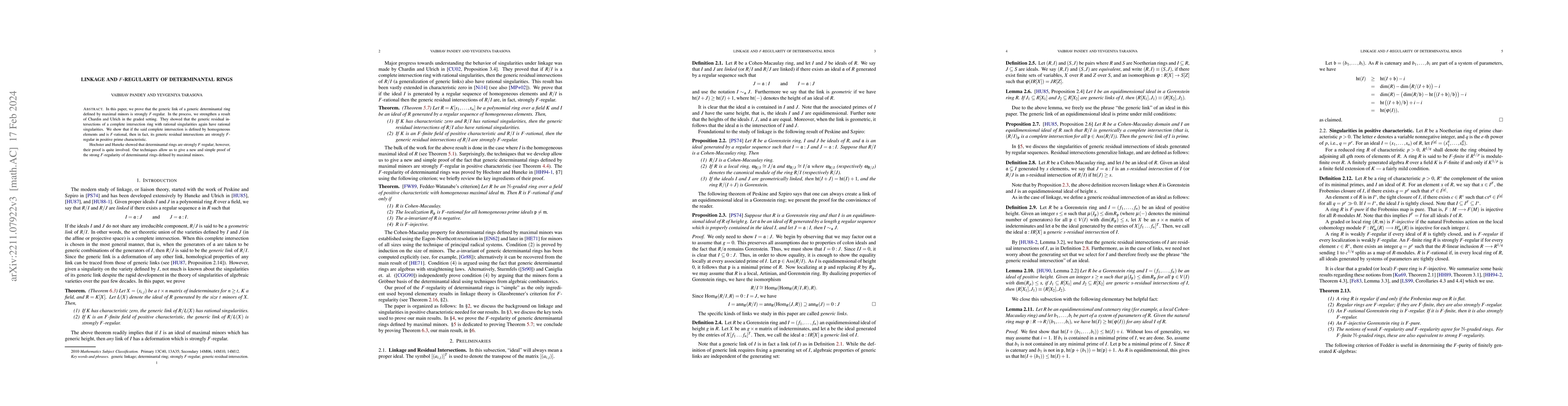 Thumbnail for Linkage and $F$-Regularity of Determinantal Rings