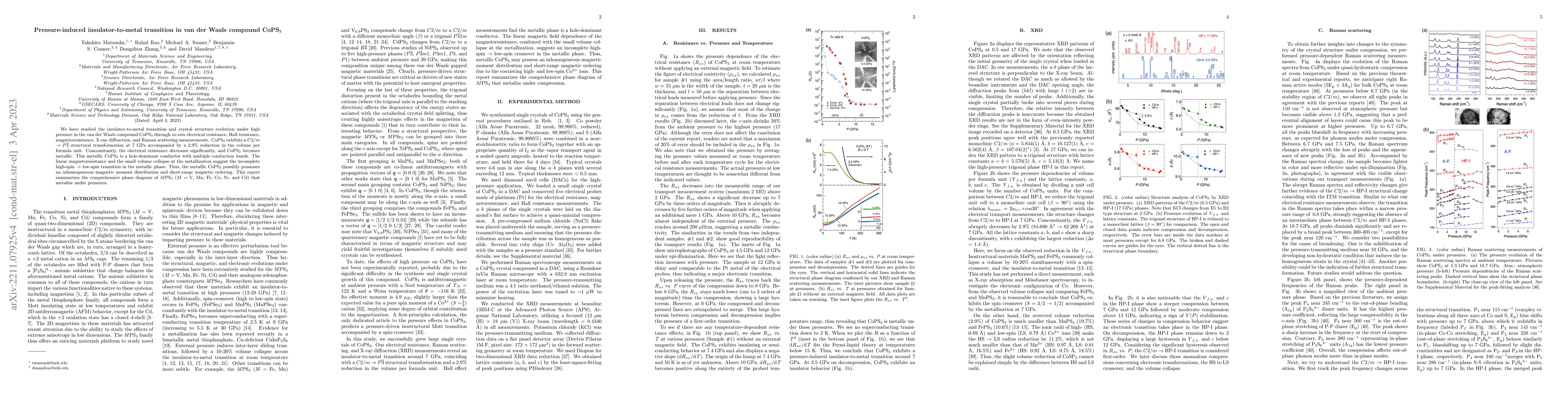 Thumbnail for Pressure-Induced Insulator-to-Metal Transition in van der Waals compound
  CoPS$_3$