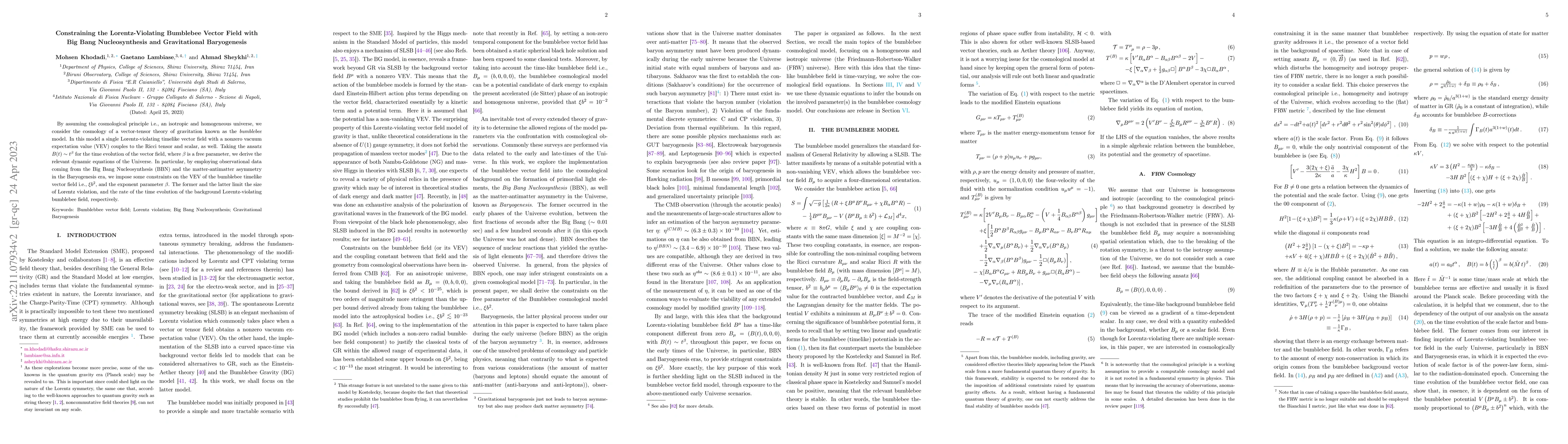 Thumbnail for Constraining the Lorentz-Violating Bumblebee Vector Field with Big Bang
  Nucleosynthesis and Gravitational Baryogenesis