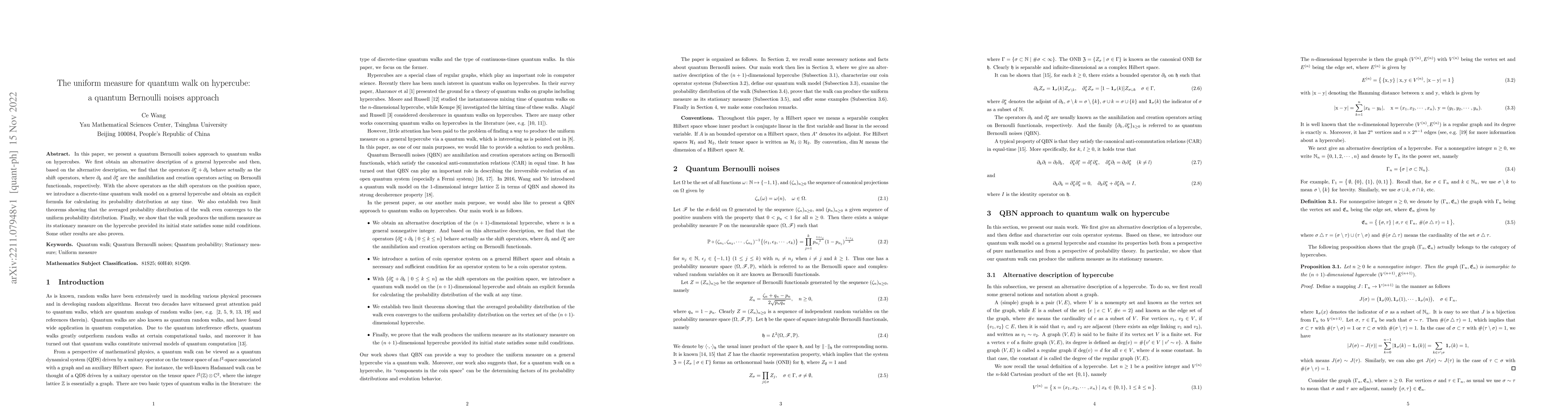 Thumbnail for The uniform measure for quantum walk on hypercube: a quantum Bernoulli
  noises approach