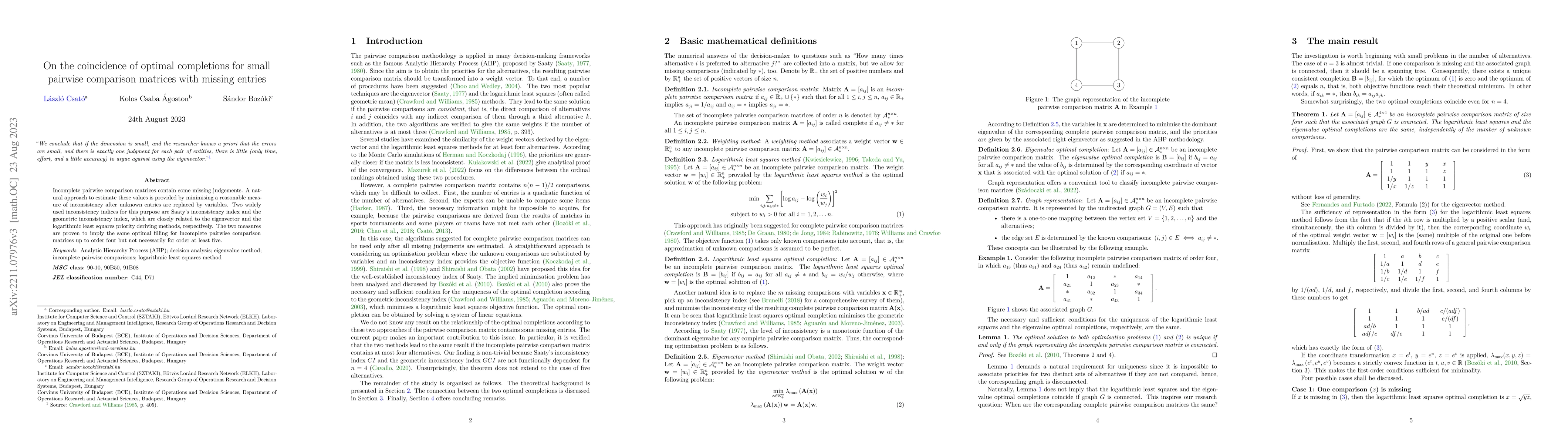 Thumbnail for On the coincidence of optimal completions for small pairwise comparison
  matrices with missing entries
