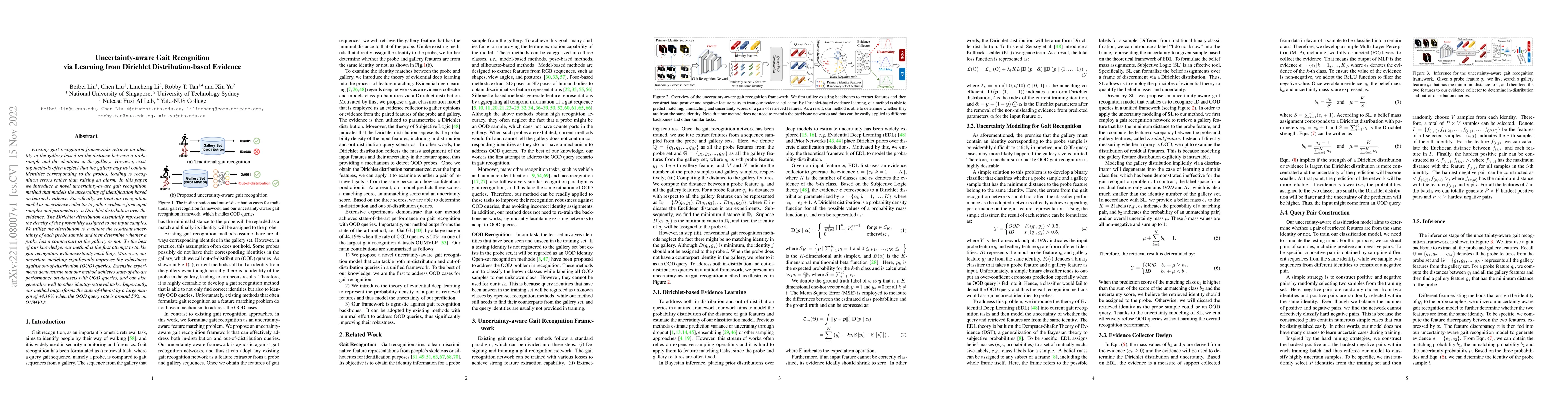 Thumbnail for Uncertainty-aware Gait Recognition via Learning from Dirichlet
  Distribution-based Evidence