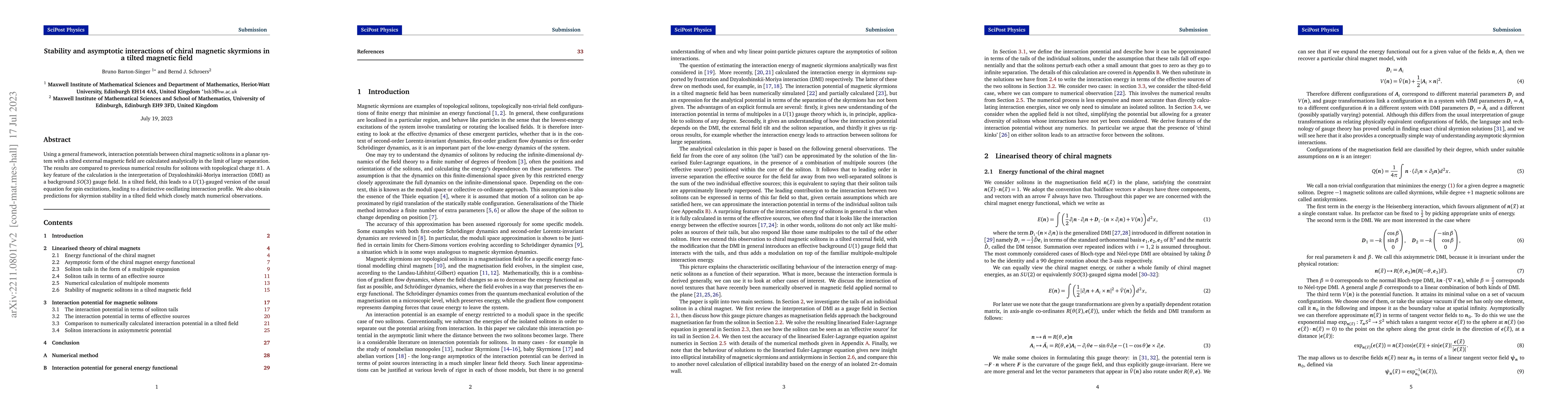 Thumbnail for Stability and asymptotic interactions of chiral magnetic skyrmions in a
  tilted magnetic field