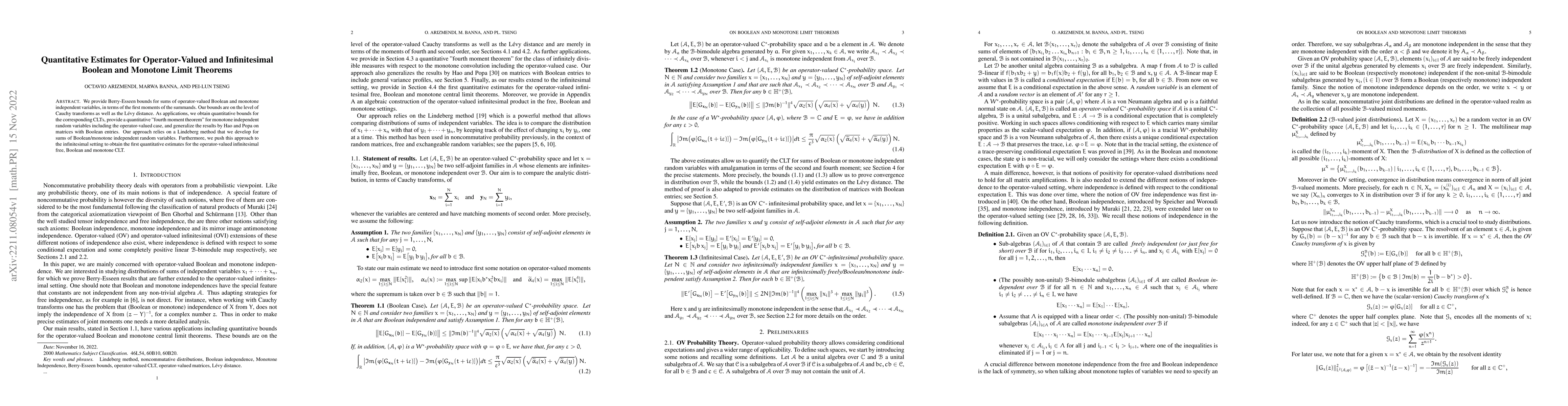 Thumbnail for Quantitative Estimates for Operator-Valued and Infinitesimal Boolean and
  Monotone Limit Theorems