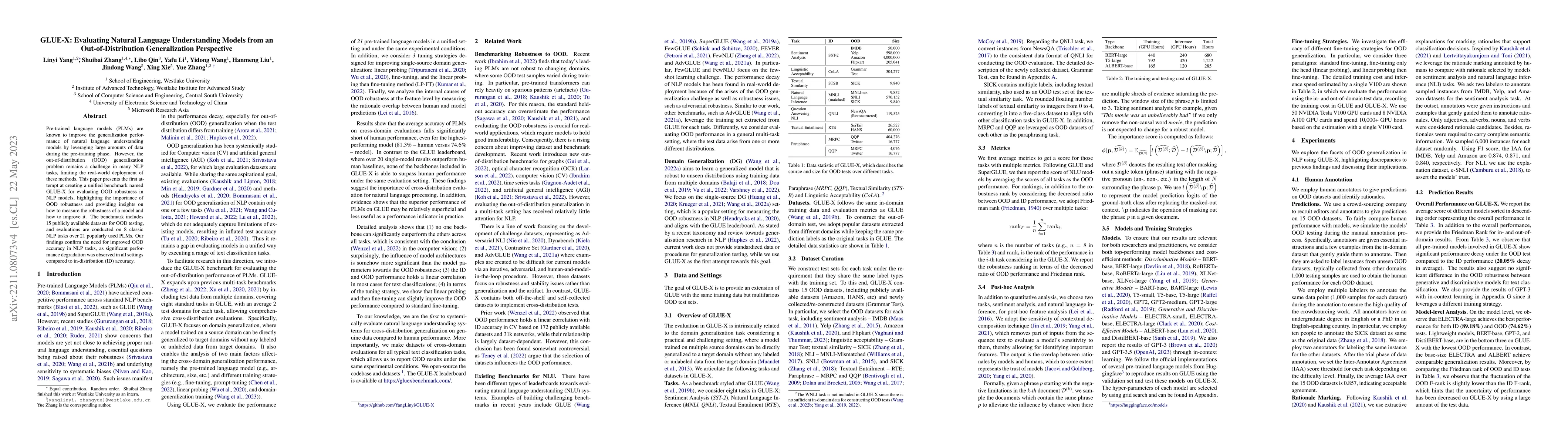 Thumbnail for GLUE-X: Evaluating Natural Language Understanding Models from an
  Out-of-distribution Generalization Perspective
