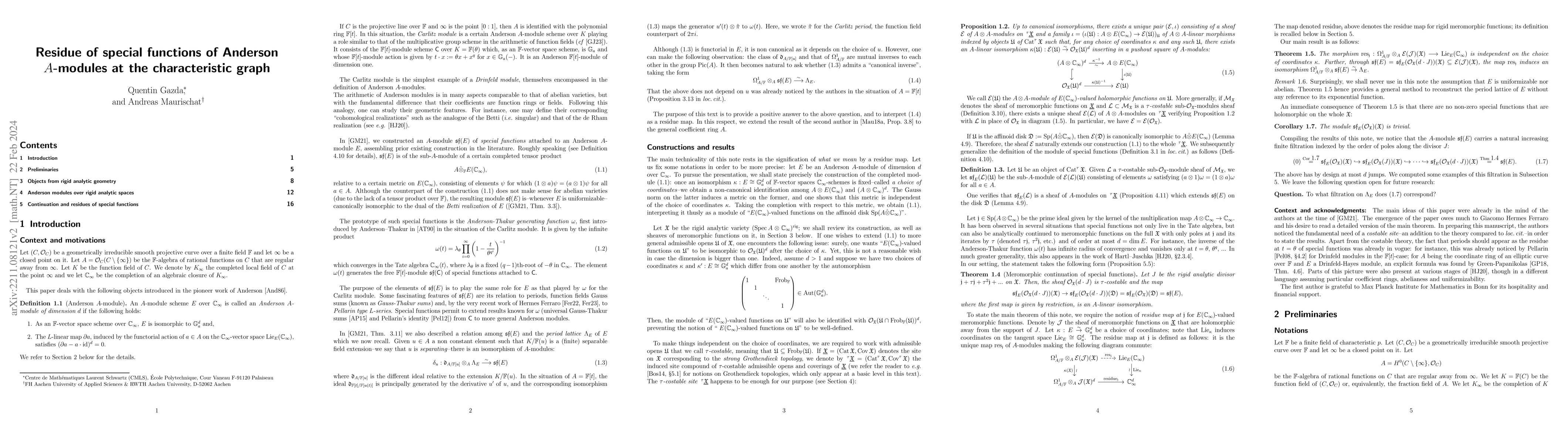 Thumbnail for Residue of special functions of Anderson $A$-modules at the
  characteristic graph