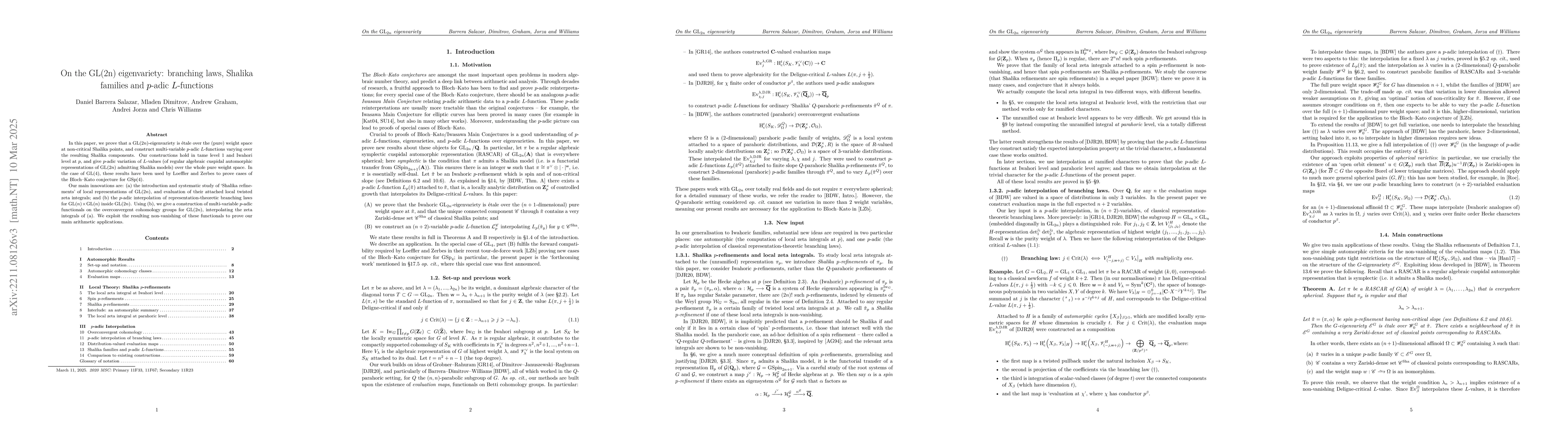 Thumbnail for On the GL(2n) eigenvariety: branching laws, Shalika families and
  $p$-adic $L$-functions