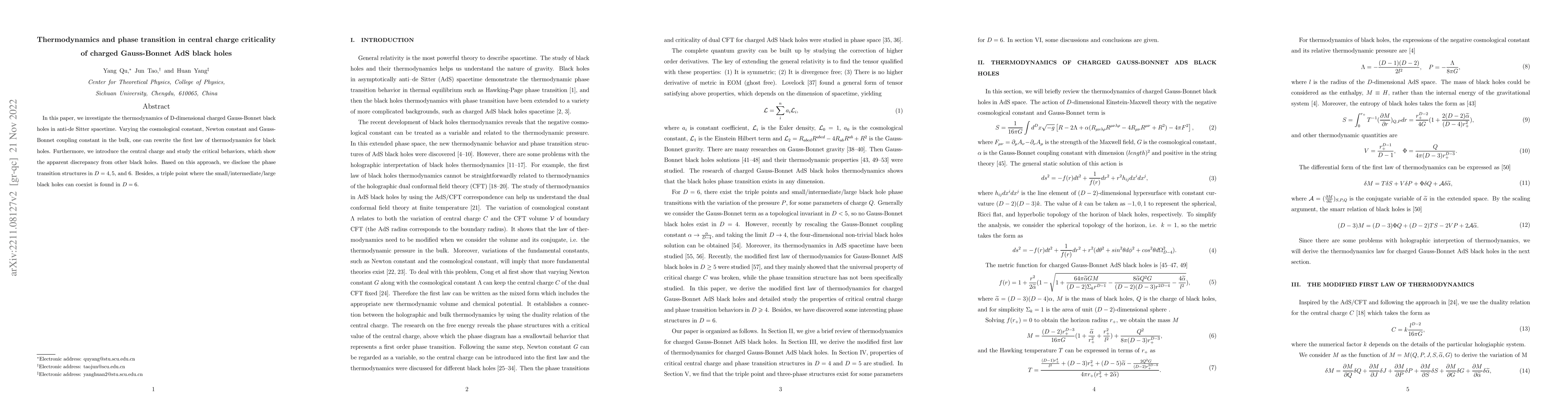 Thumbnail for Thermodynamics and phase transition in central charge criticality of
  charged Gauss-Bonnet AdS black holes