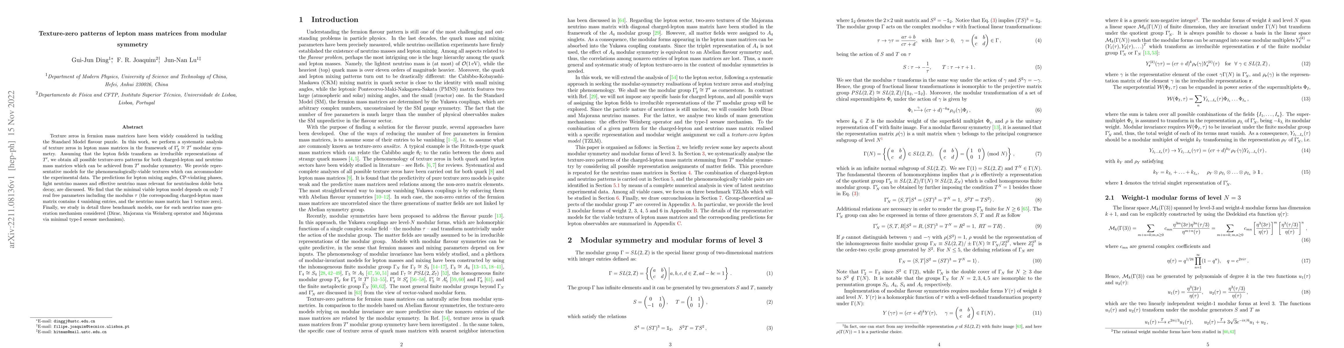 Thumbnail for Texture-zero patterns of lepton mass matrices from modular symmetry