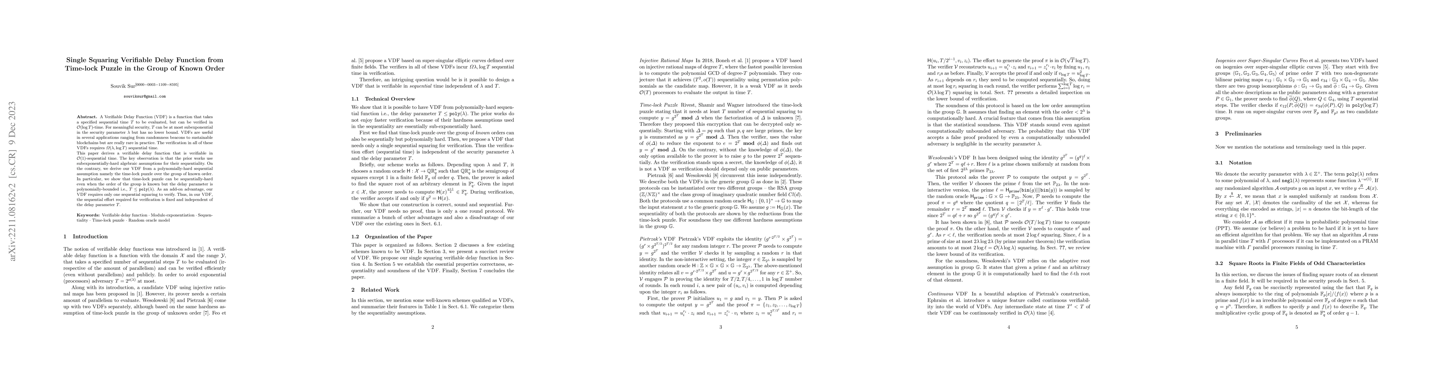 Thumbnail for Single Squaring Verifiable Delay Function from Time-lock Puzzle in the
  Group of Known Order