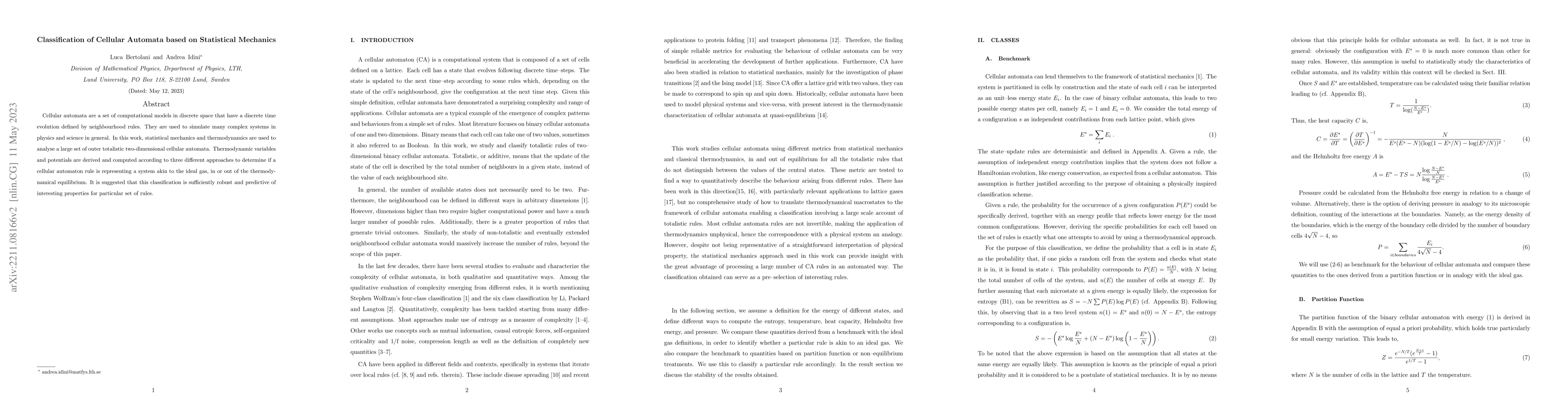 Thumbnail for Classification of Cellular Automata based on Statistical Mechanics