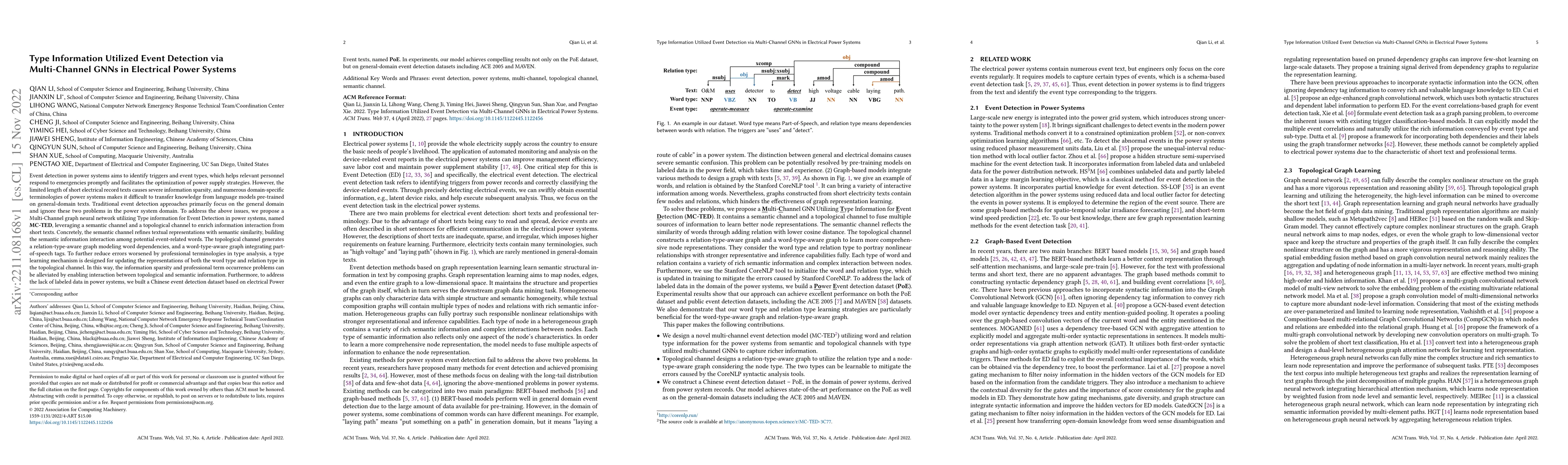 Thumbnail for Type Information Utilized Event Detection via Multi-Channel GNNs in
  Electrical Power Systems