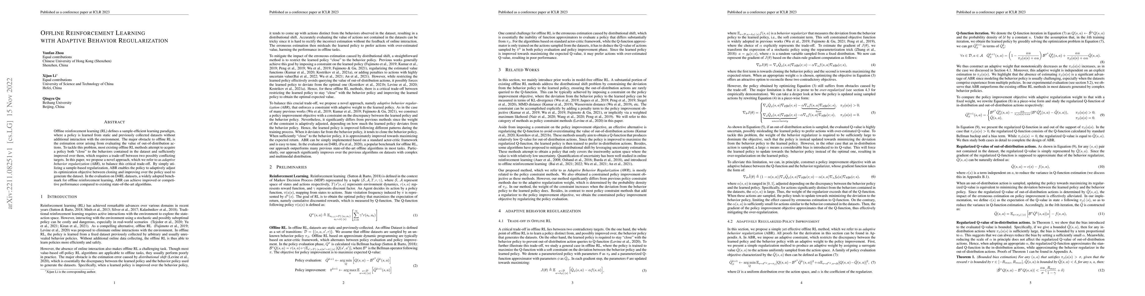 Thumbnail for Offline Reinforcement Learning with Adaptive Behavior Regularization