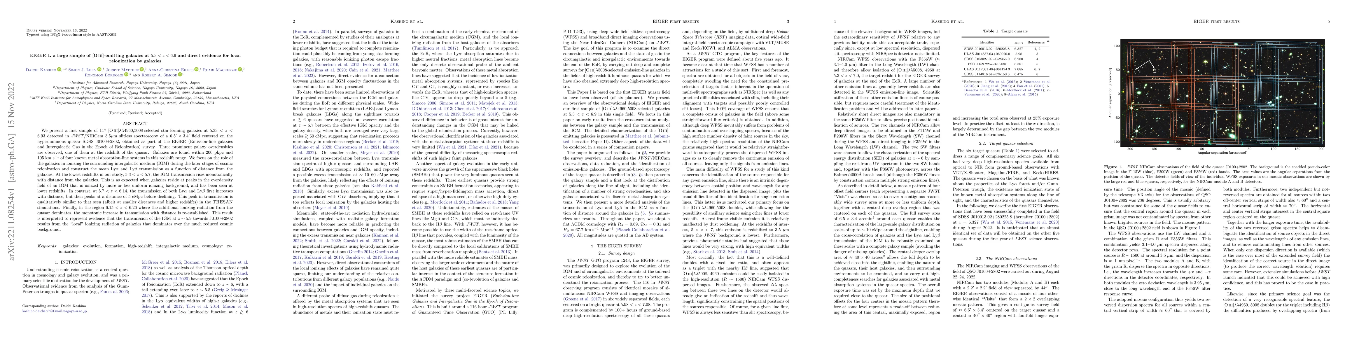 Thumbnail for EIGER I. a large sample of [OIII]-emitting galaxies at $5.3 < z < 6.9$
  and direct evidence for local reionization by galaxies