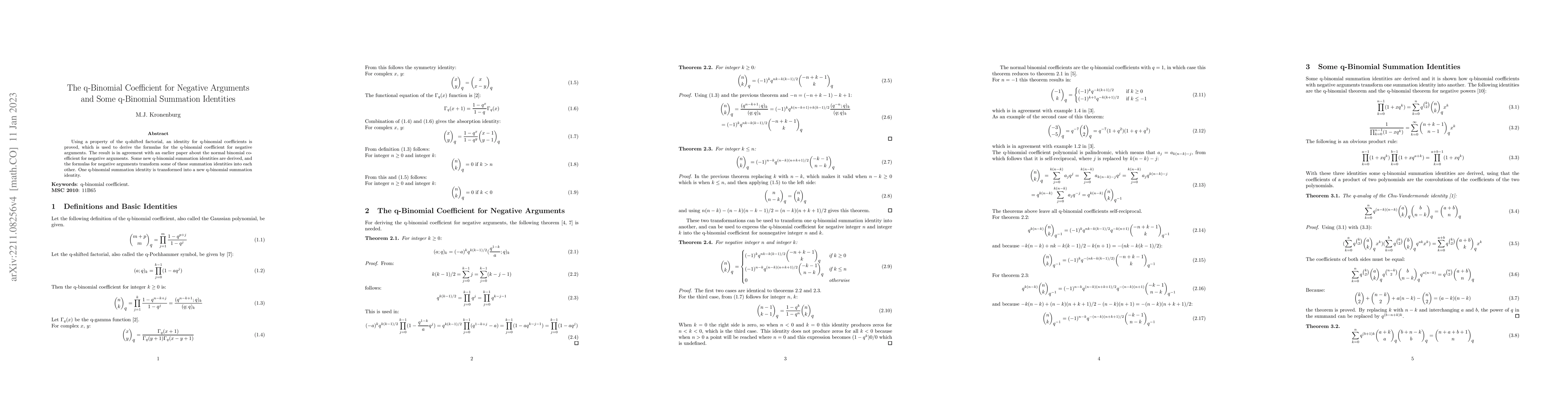 Thumbnail for The q-Binomial Coefficient for Negative Arguments and Some q-Binomial
  Summation Identities