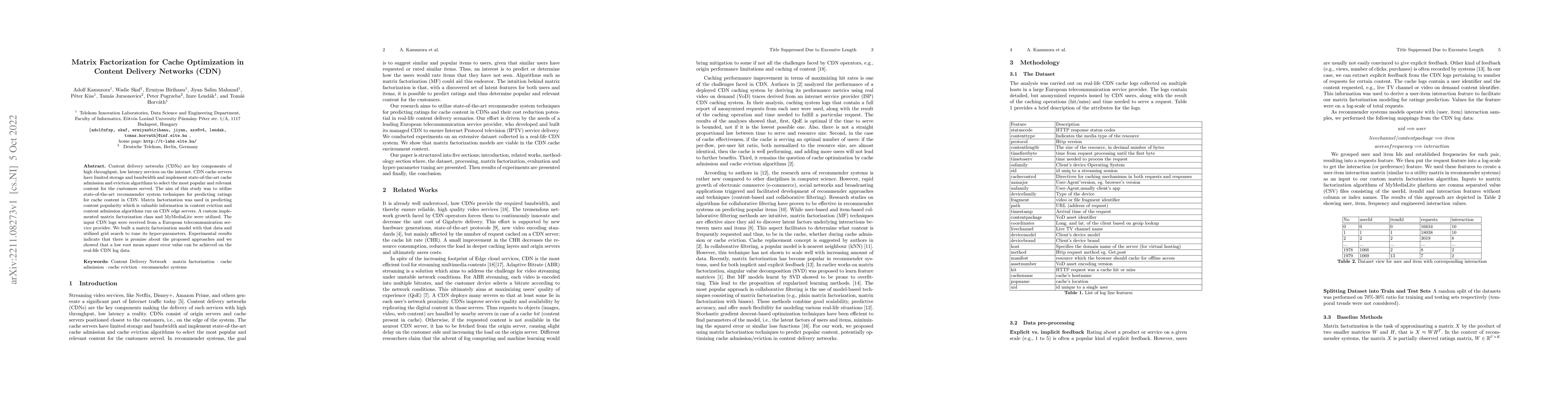 Thumbnail for Matrix Factorization for Cache Optimization in Content Delivery Networks
  (CDN)