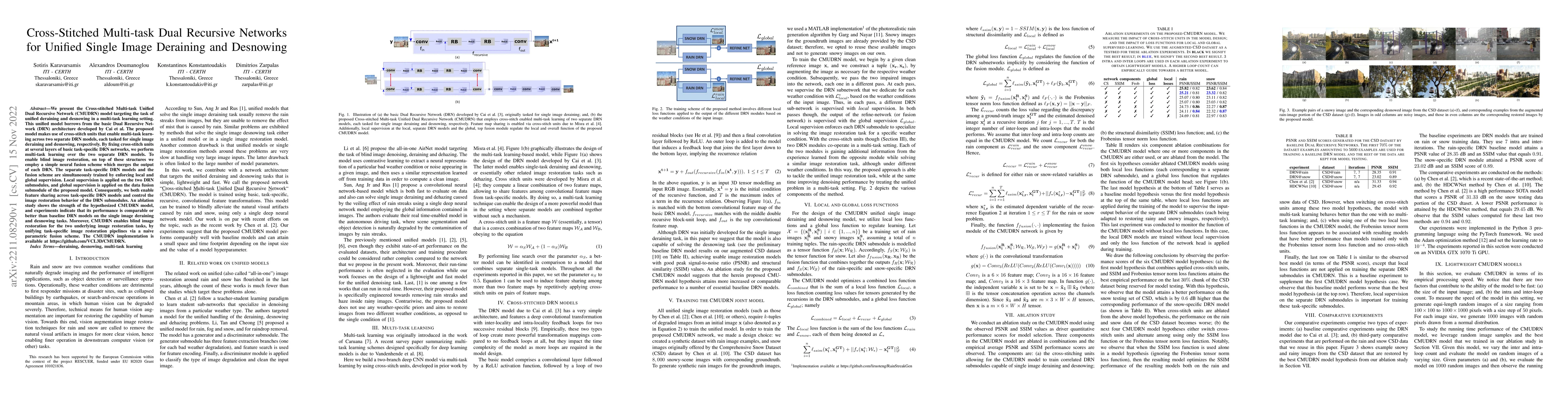 Thumbnail for Cross-Stitched Multi-task Dual Recursive Networks for Unified Single
  Image Deraining and Desnowing
