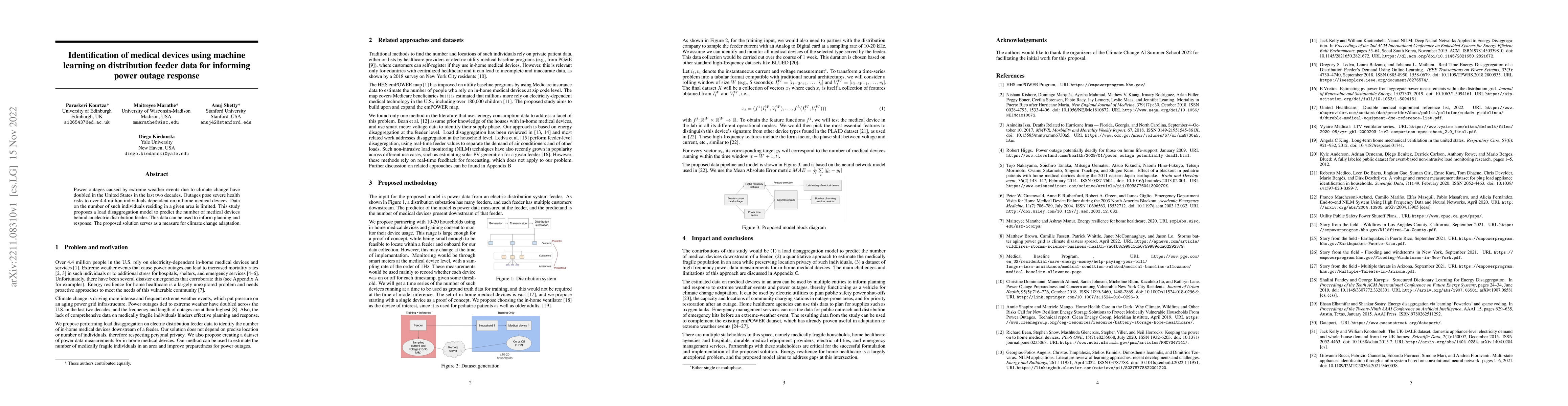 Thumbnail for Identification of medical devices using machine learning on distribution
  feeder data for informing power outage response