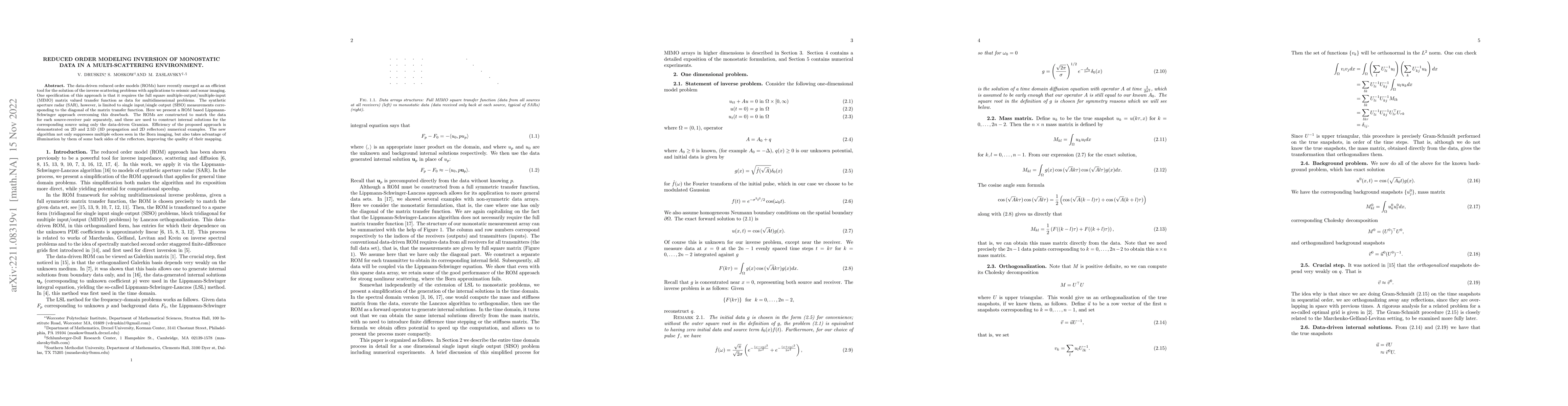 Thumbnail for Reduced order modeling inversion of mono static data in a
  multi-scattering environment