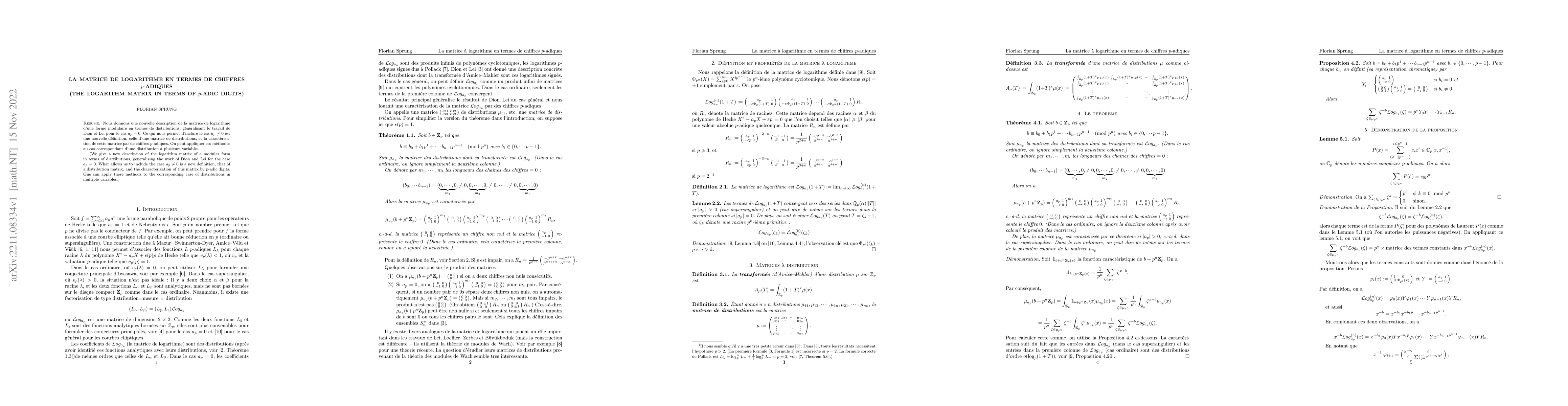 Thumbnail for La matrice de logarithme en termes de chiffres $p$-adiques (The
  logarithm matrix in terms of $p$-adic digits)