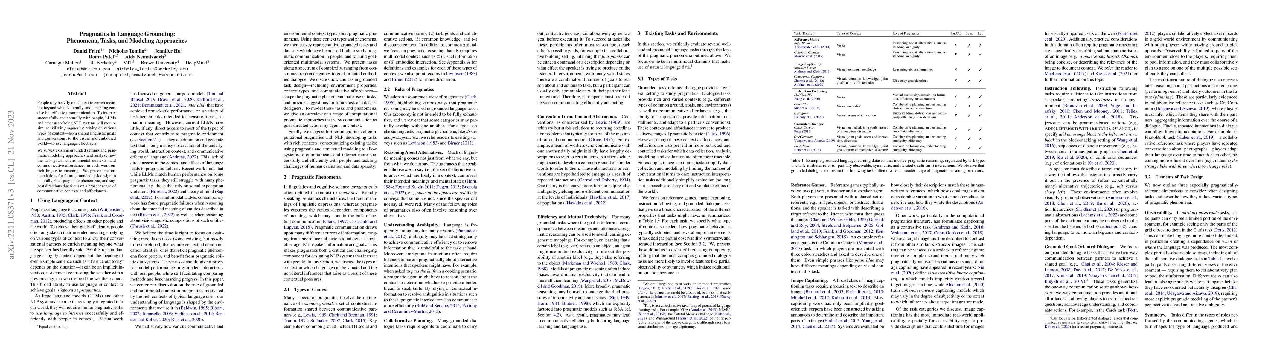 Thumbnail for Pragmatics in Language Grounding: Phenomena, Tasks, and Modeling
  Approaches