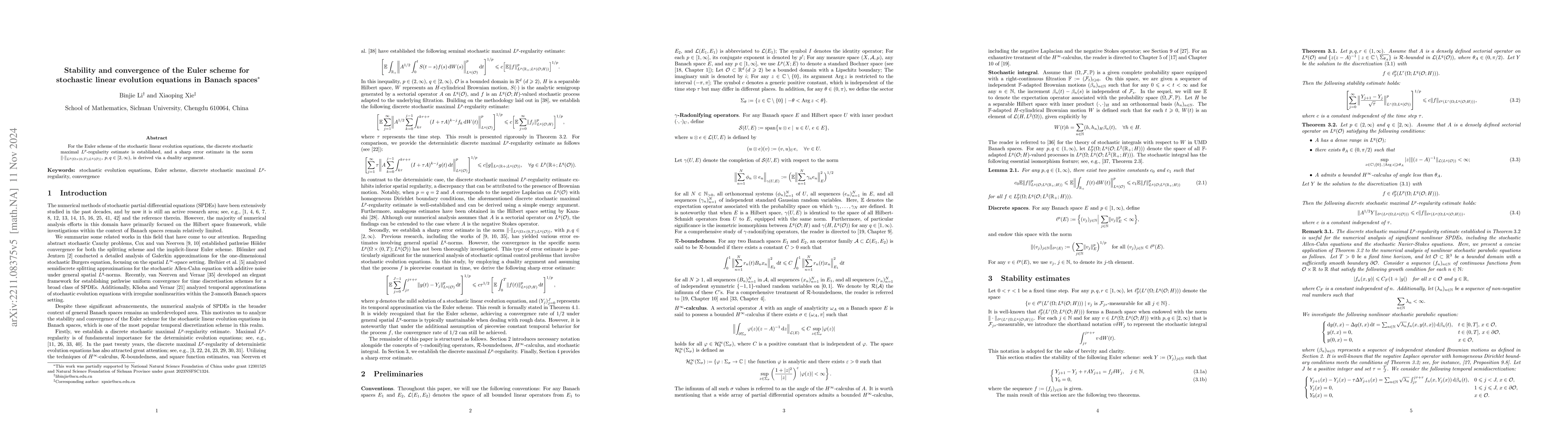 Thumbnail for Stability and convergence of the Euler scheme for stochastic linear
  evolution equations in Banach spaces