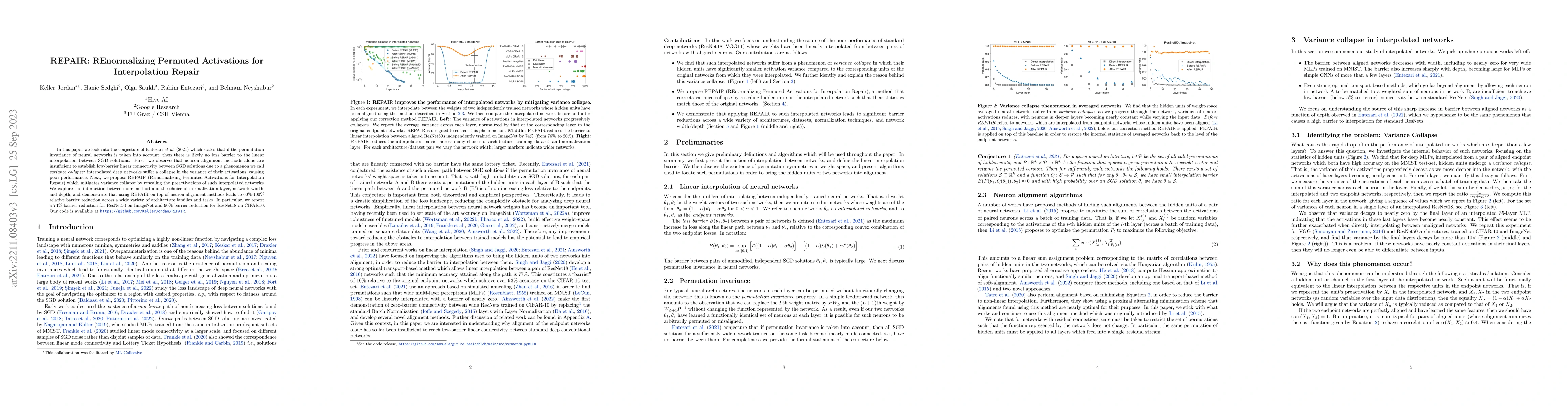 Thumbnail for REPAIR: REnormalizing Permuted Activations for Interpolation Repair