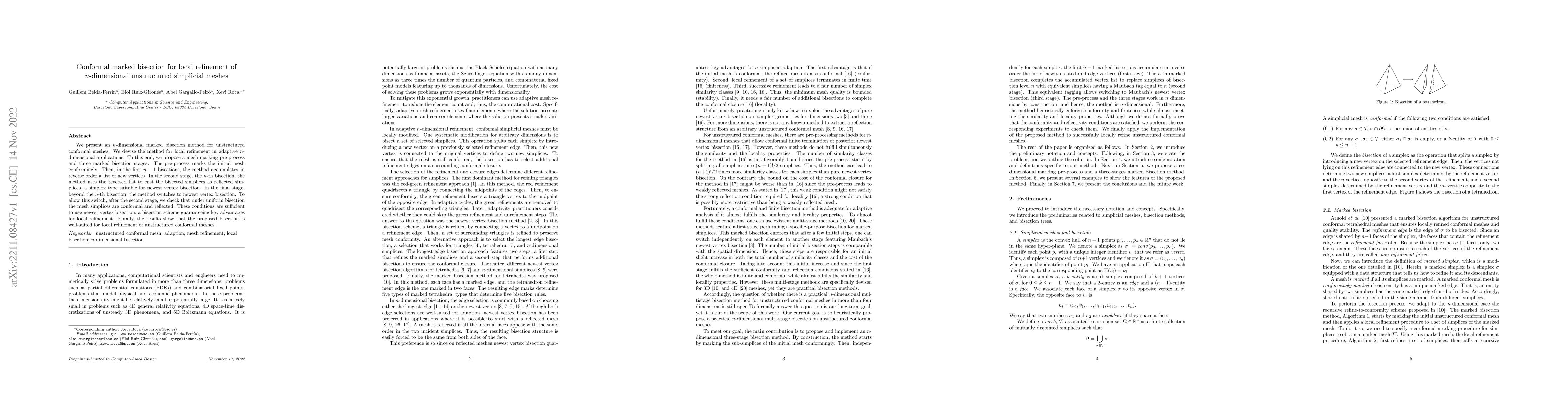 Thumbnail for Conformal marked bisection for local refinement of $n$-dimensional
  unstructured simplicial meshes
