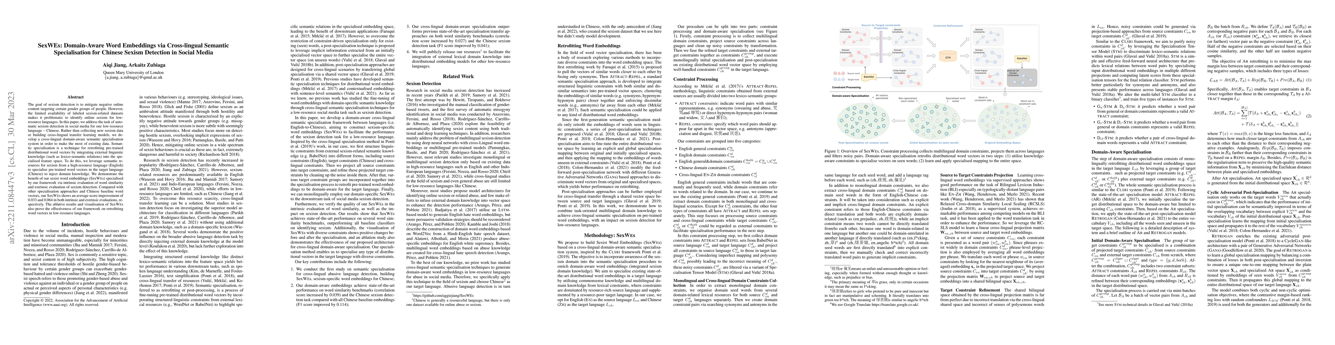 Thumbnail for SexWEs: Domain-Aware Word Embeddings via Cross-lingual Semantic
  Specialisation for Chinese Sexism Detection in Social Media