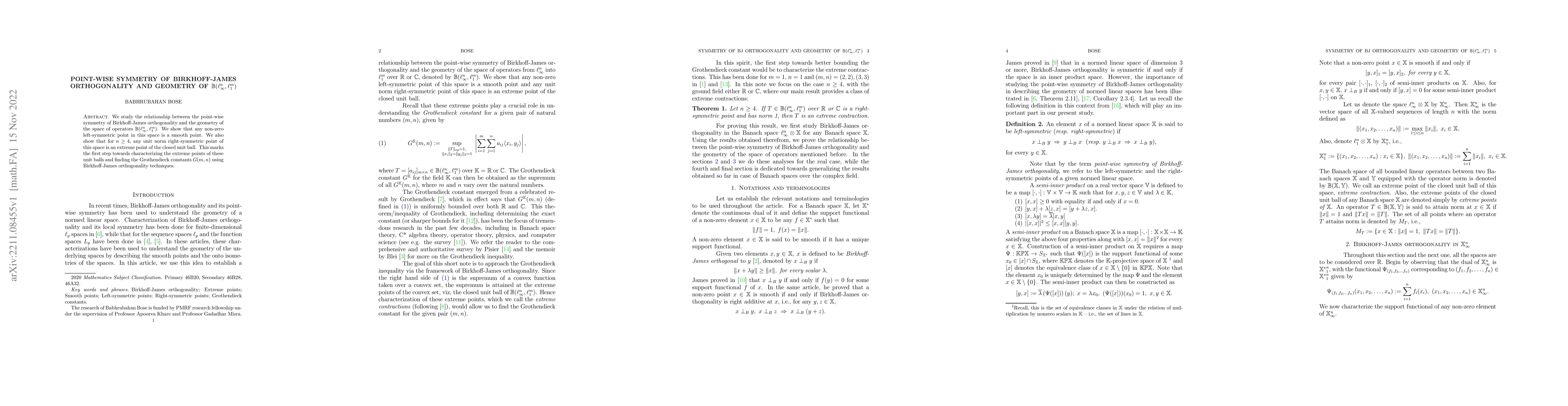 Thumbnail for Point-wise Symmetry of Birkhoff-James Orthogonality and Geometry of
  $\mathbb{B}(\ell_\infty^n,\ell_1^m)$