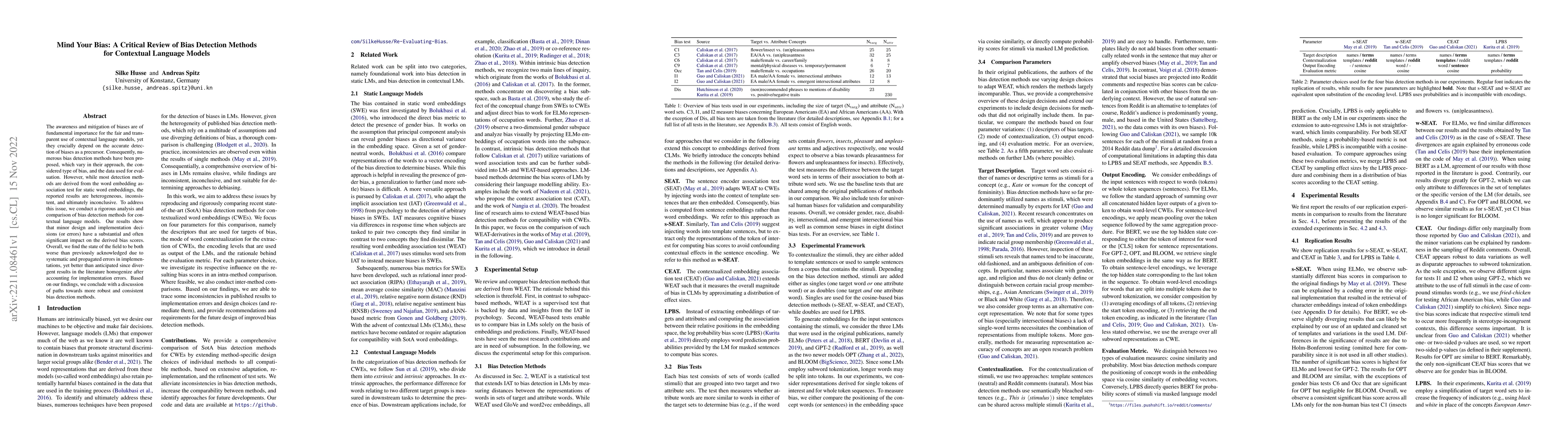 Thumbnail for Mind Your Bias: A Critical Review of Bias Detection Methods for
  Contextual Language Models