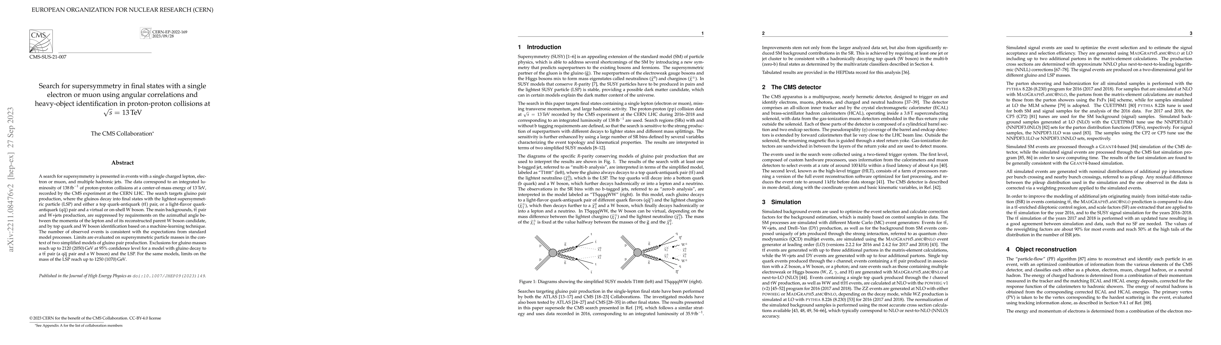 Thumbnail for Search for supersymmetry in final states with a single electron or muon
  using angular correlations and heavy-object identification in proton-proton
  collisions at $\sqrt{s}$ = 13 TeV