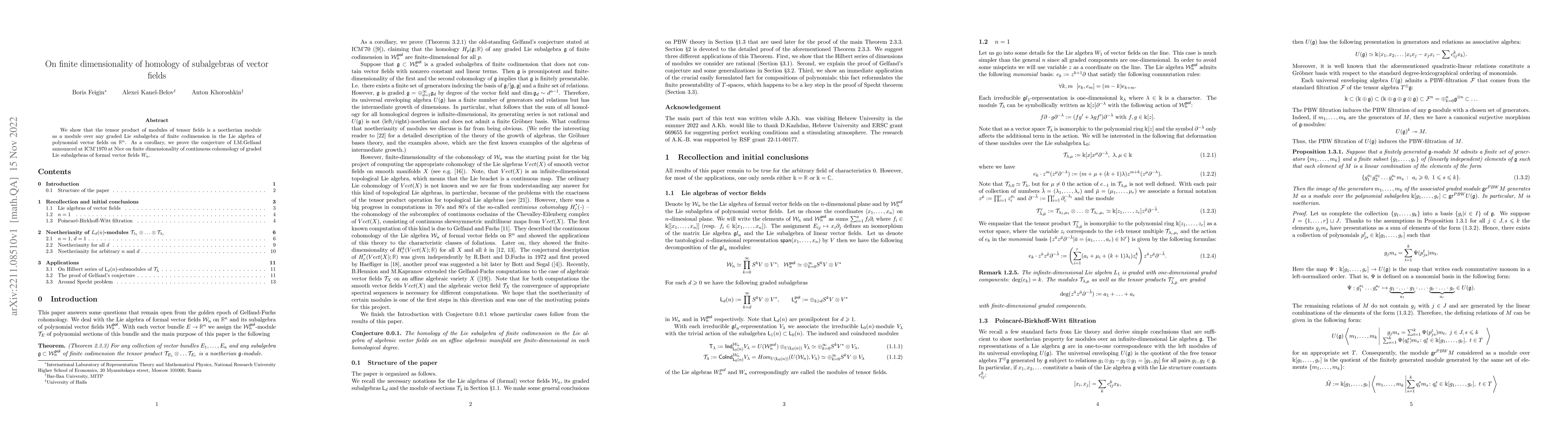 Thumbnail for On finite dimensionality of homology of subalgebras of vector fields