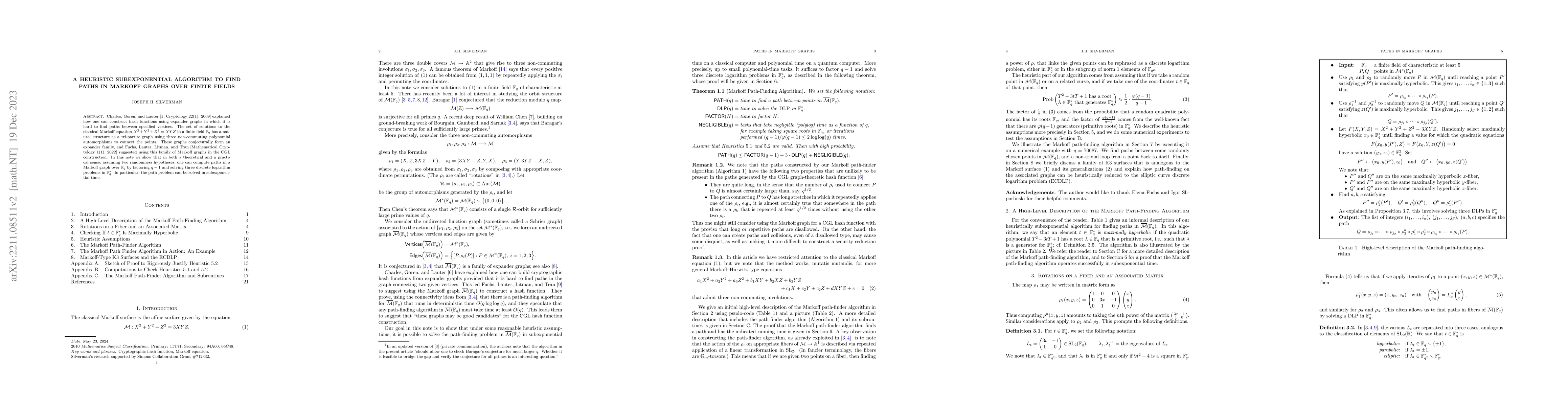 Thumbnail for A Heuristic Subexponential Algorithm to Find Paths in Markoff Graphs
  Over Finite Fields