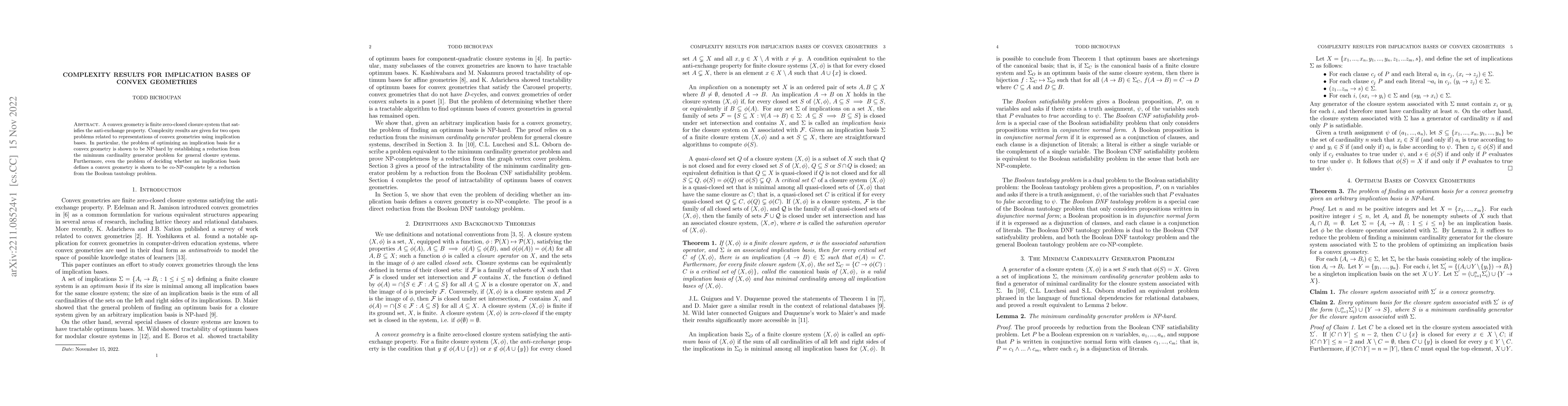 Thumbnail for Complexity Results for Implication Bases of Convex Geometries